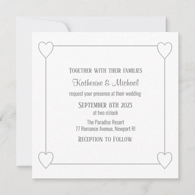 Romantic Hearts Modern White Simple Wedding Invitation (Front)