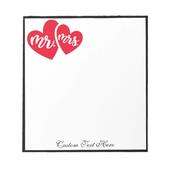 Romantic Hearts Mr Mrs Red Black Personalized Notepad (Front)