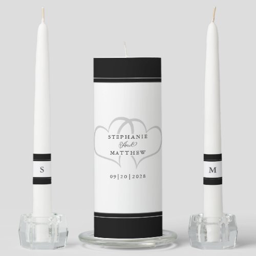 Romantic Hearts Names Date Initials Black White Unity Candle Set