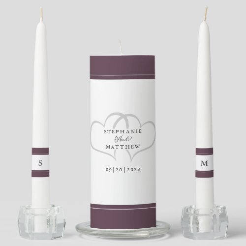 Romantic Hearts Names Date Initials Purple White Unity Candle Set