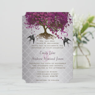 Romantic Hearts Plum Heart Leaf Tree Wedding Invitation