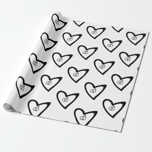 Romantic Hearts Rings Black Pattern Wedding Bridal Wrapping Paper