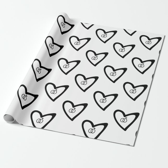 Romantic Hearts Rings Black Pattern Wedding Bridal Wrapping Paper (Unrolled)