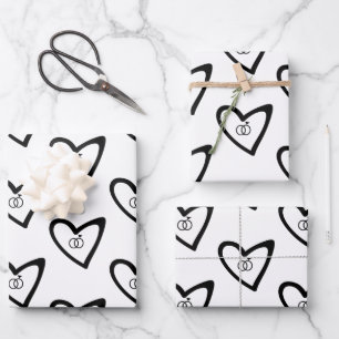 Romantic Hearts Rings Black Pattern Wedding Wrapping Paper Sheets