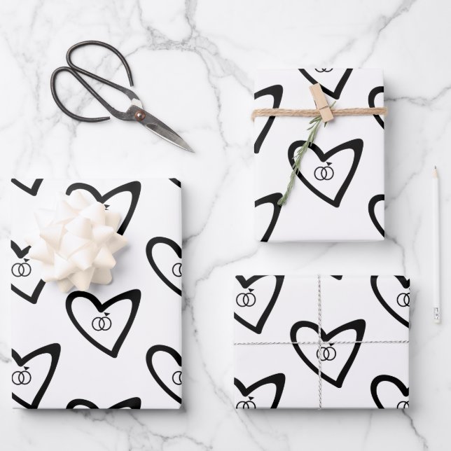 Romantic Hearts Rings Black Pattern Wedding Wrapping Paper Sheets (Front)