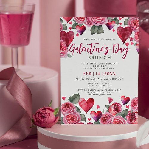 Romantic Hearts  Roses Galentines Day Brunch Invitation