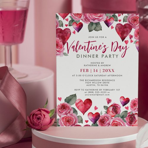 Romantic Hearts  Roses Valentines Day Dinner  Invitation
