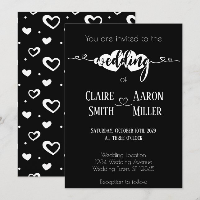 Romantic hearts white on black wedding invitation (Front/Back)