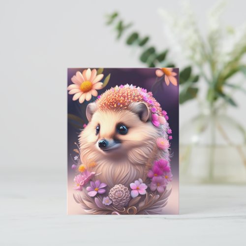 Romantic hedgehog with flowers postcard