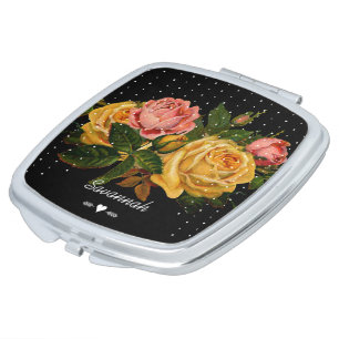 Romantic Heirloom Vintage Floral Roses on Black Compact Mirror