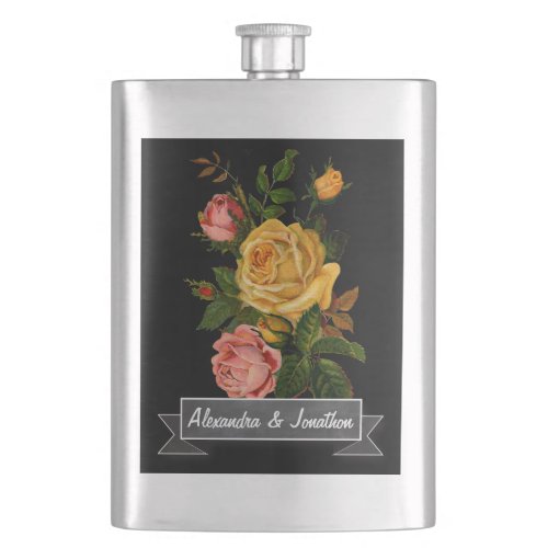 Romantic Heirloom Vintage Floral Roses on Black Hip Flask