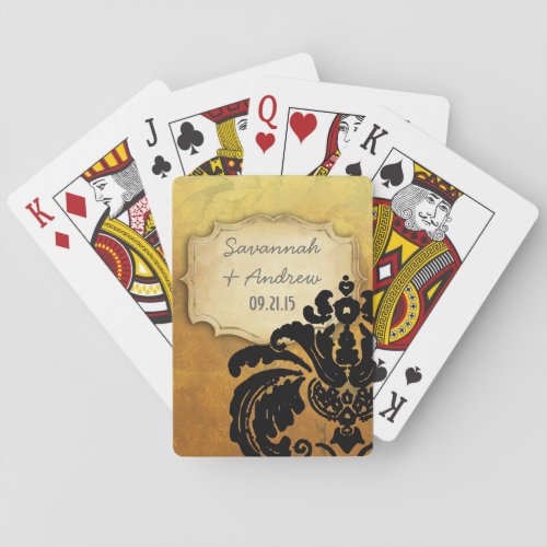 Romantic Heirloom Vintage Gold Rose Black Damask Playing Cards