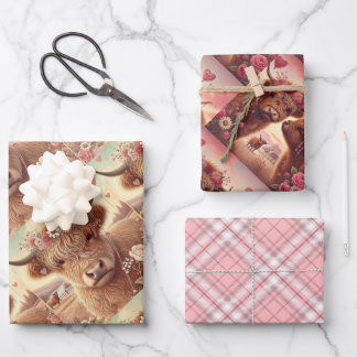 Romantic Highland Cow Valentine's Day Wrapping Paper Sheets