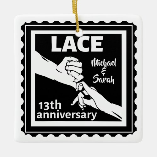 Romantic holding hands 13th wedding anniversary ceramic ornament