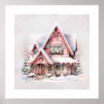 Romantic Home Sweet Cottage Home Décor Poster<br><div class="desc">Featuring a sweet romantic english country cottage or farmhouse home, in festive wintertime. Hand-painted in soft shades of shabby chic pink and subtle greys, capturing the timeless charm and elegance of a bygone era. Pink symbolizes love, affection, and kindness, so the color naturally leans into the Christmas spirit of giving!...</div>