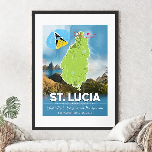 Romantic Honeymoon Caribbean St Lucia Map Poster