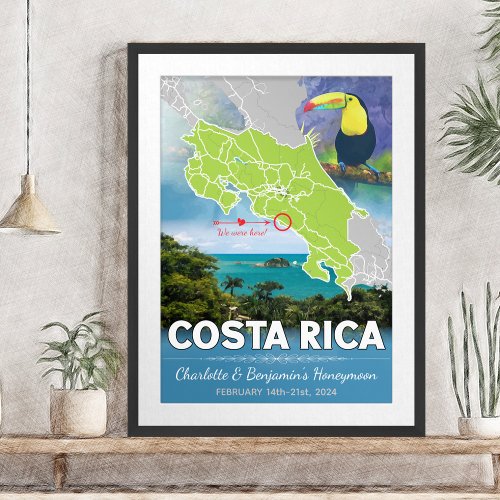 Romantic Honeymoon Costa Rica Map Poster