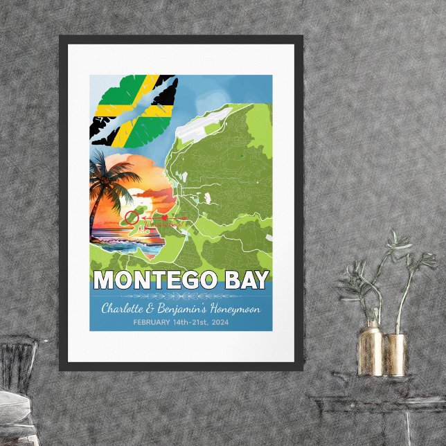 Romantic Honeymoon Montego Bay Jamaica Map Poster (Montego Bay Jamaica Romantic Honeymoon Poster - Sketch Mockup)