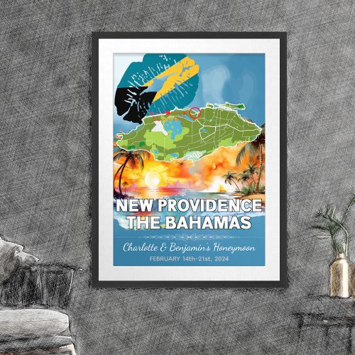 Romantic Honeymoon New Providence Bahamas Map Poster