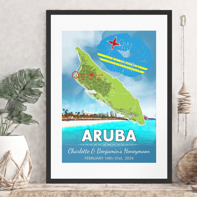 Romantic Honeymoon Vacation Aruba Island Map Poster (Romantic Honeymoon Vacation Memories of Aruba in the Caribbean Map Poster - Sketch Mockup)