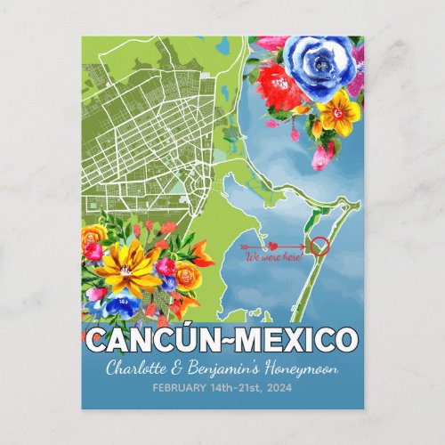 Romantic Honeymoon Vacation Cancun Mexico Map Postcard