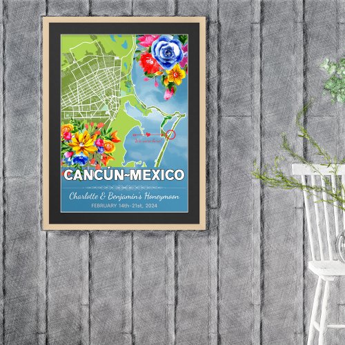 Romantic Honeymoon Vacation Cancun Mexico Map Poster