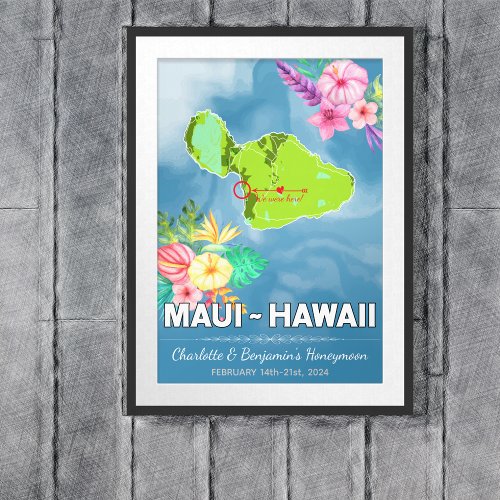 Romantic Honeymoon Vacation Maui Hawaii Map Poster