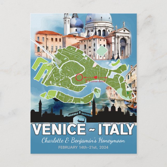 Romantic Honeymoon Vacation Venice Italy Map Postcard (Front)