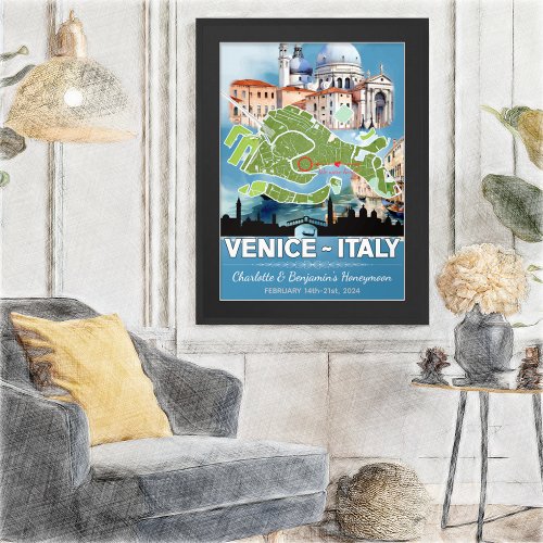Romantic Honeymoon Vacation Venice Italy Map Poster