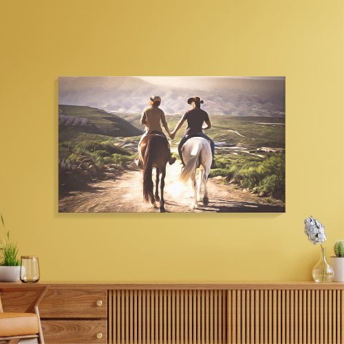 Romantic Horse Riders Holding Hands Painted Canvas Print