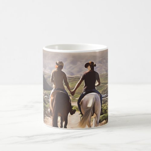 Romantic Horse Riders Holding Hands Painted Coffee Mug