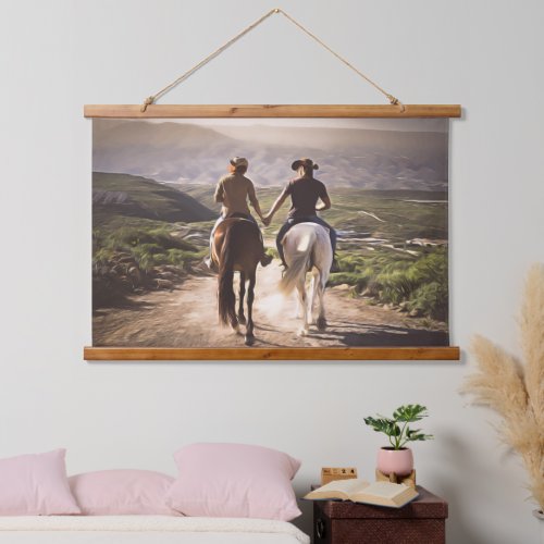 Romantic Horse Riders Holding Hands Painted Hanging Tapestry