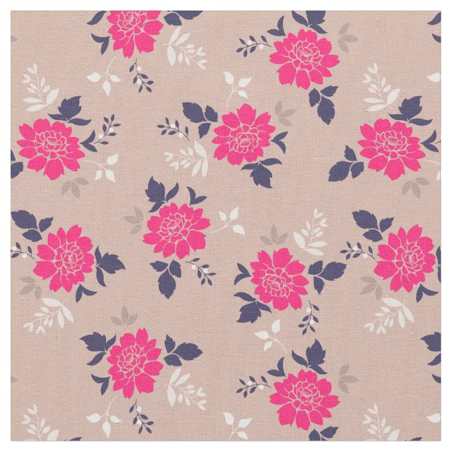 Romantic Hot Pink Beige Floral Pattern Fabric (Close Up)