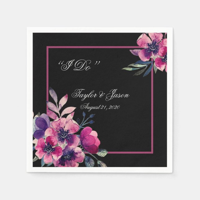 Romantic Hot Pink Floral Script Wedding Napkins (Front)