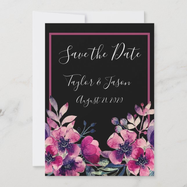 Romantic Hot Pink Floral Script Wedding Save The Date (Front)