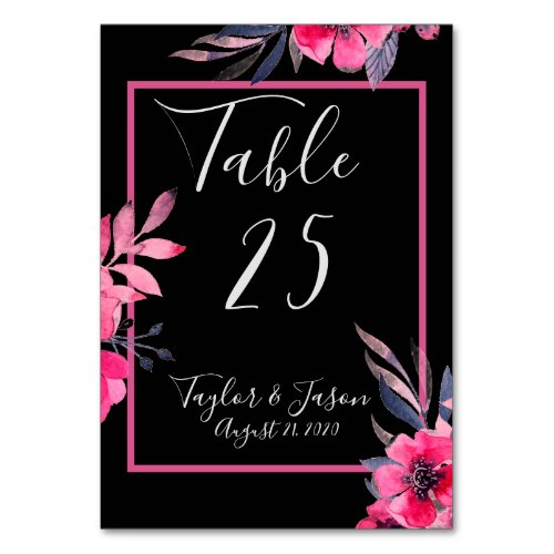 Romantic Hot Pink Pretty Floral Script Wedding Table Number