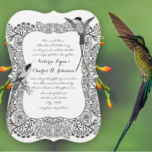 Romantic Hummingbird Black and White Pattern Invitation