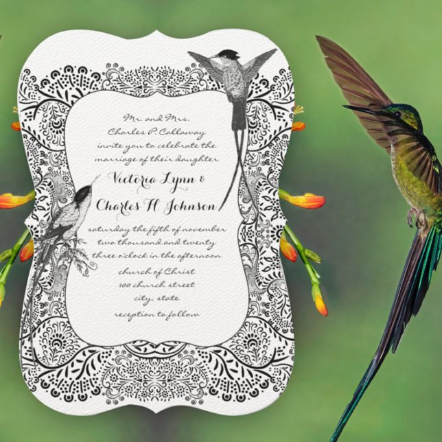 Romantic Hummingbird Black and White Pattern Invitation (Creator Uploaded)