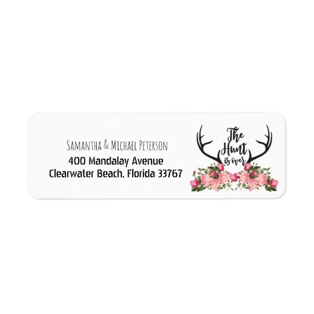 Romantic Hunt is Over Rustic Antler Floral Wedding Label (Front)