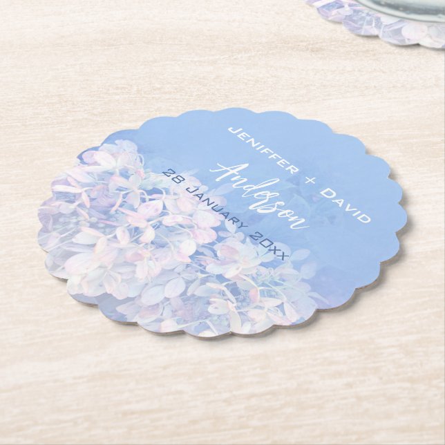 Romantic Hydrangeas Personalized Wedding Paper Coaster (Angled)