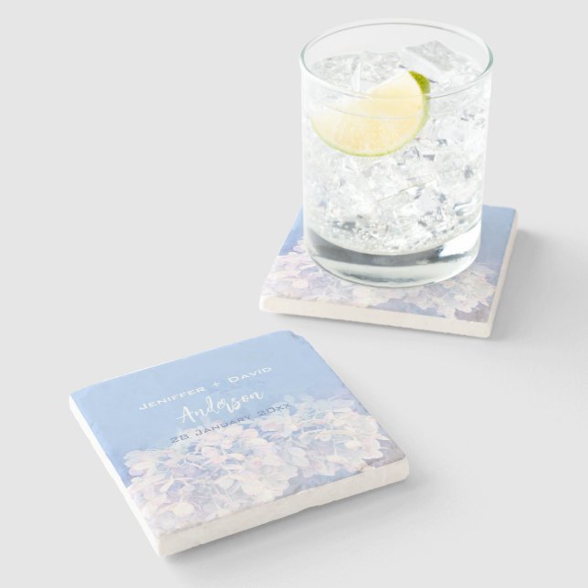 Romantic Hydrangeas Personalized Wedding Stone Coaster (Side)