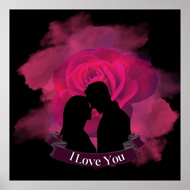 Romantic I Love You Couple silhouette Pink Rose Poster (Front)