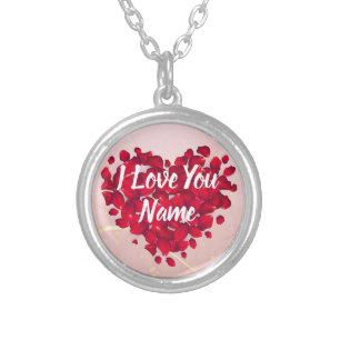 Romantic I Love You Heart-Shaped Flower Petals Silver Plated Necklace