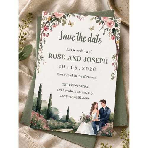 Romantic Italian Countryside Cypress Trees & Rose  Invitation