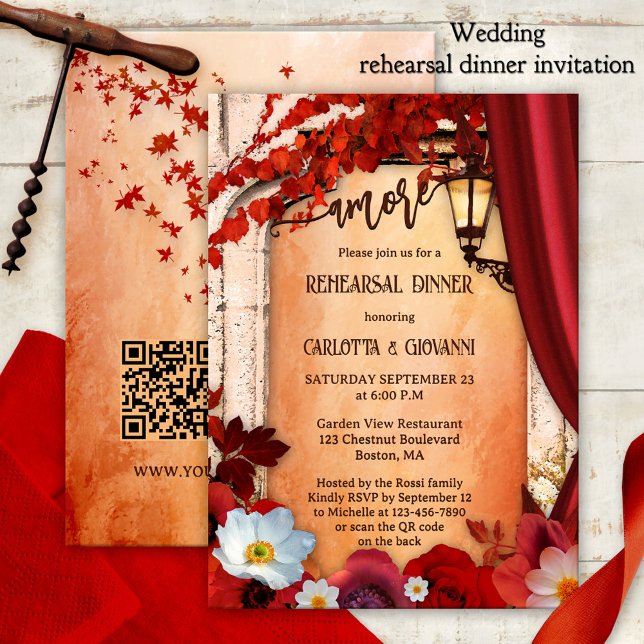 Romantic Italian Floral Fall Rehearsal Dinner Invitation (Rehearsal dinner invitation showing a colorful design with fall leaves and red Italian flowers)