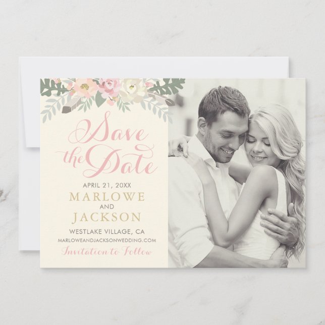 Romantic Ivory Blush Floral Photo Wedding Save The Date (Front)