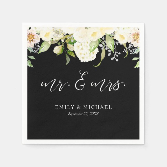 Romantic Ivory Cream Floral Black Wedding Napkins (Front)