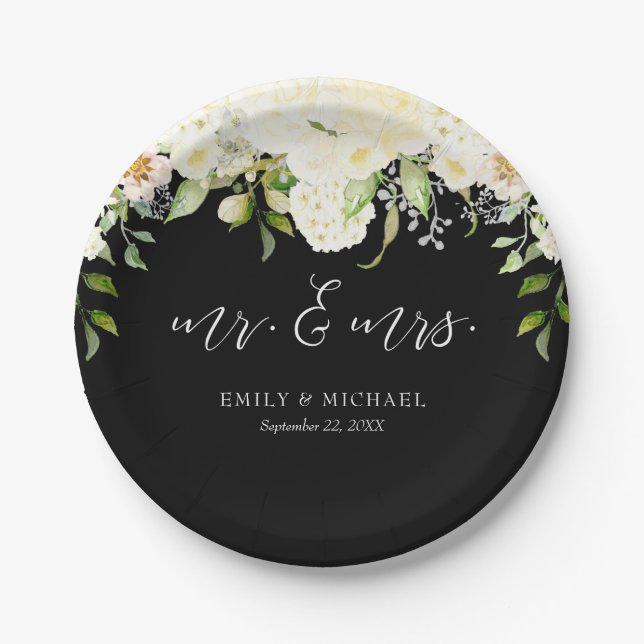 Romantic Ivory Cream Floral Black Wedding Paper Plates (Front)