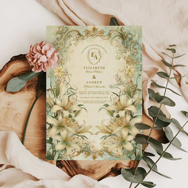 Romantic Ivory Lily Vintage Wedding Invitation (Creator Uploaded)