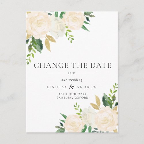 Romantic Ivory Roses Wedding Change the Date Announcement Postcard